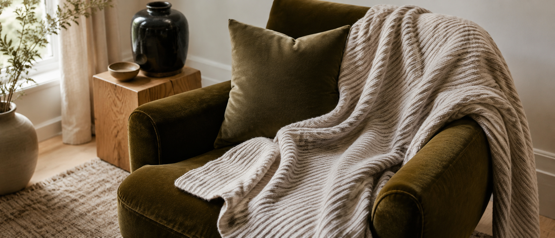 Layered textile throws with considered texture and color